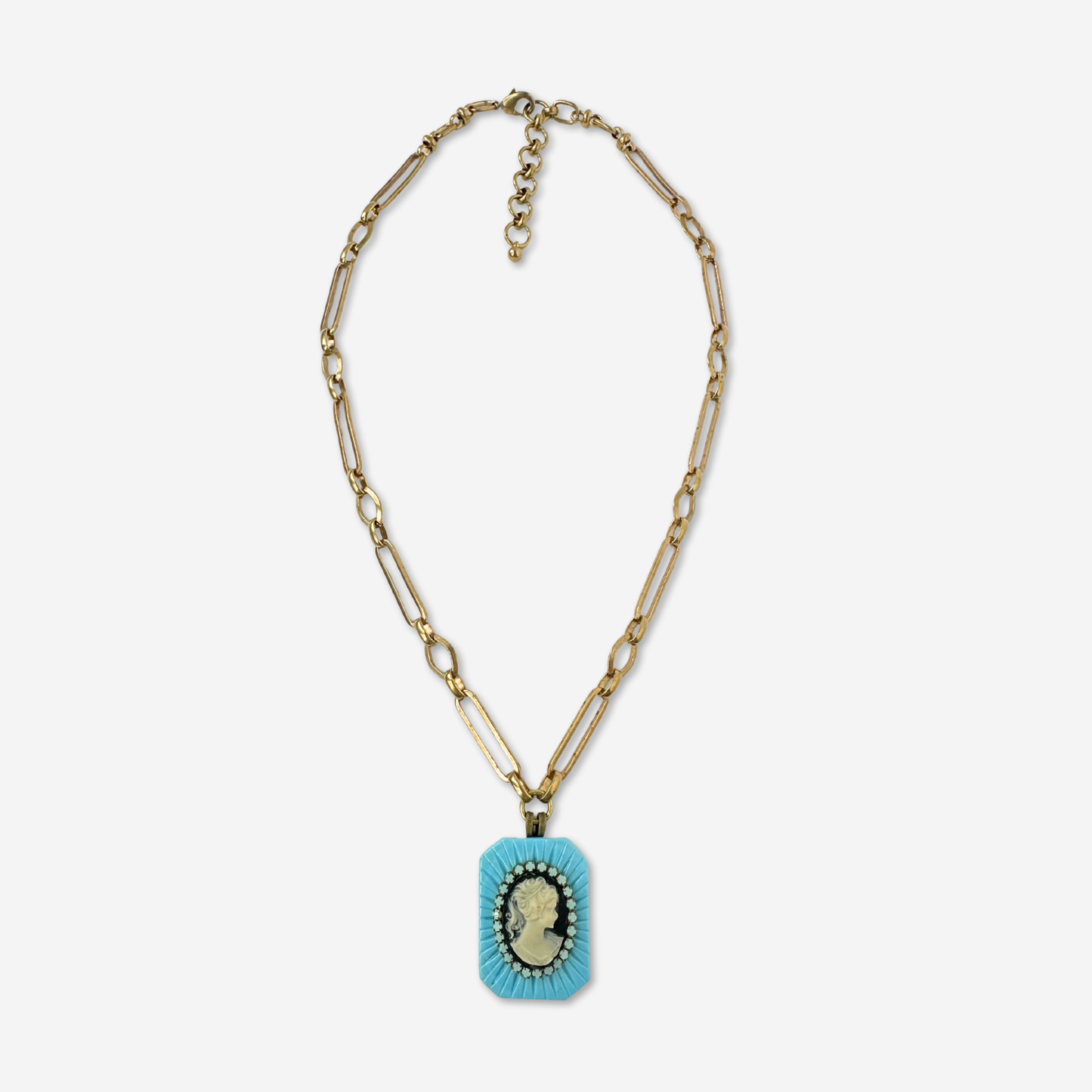 Turquoise glass and black refashioned vintage cameo pendant necklace