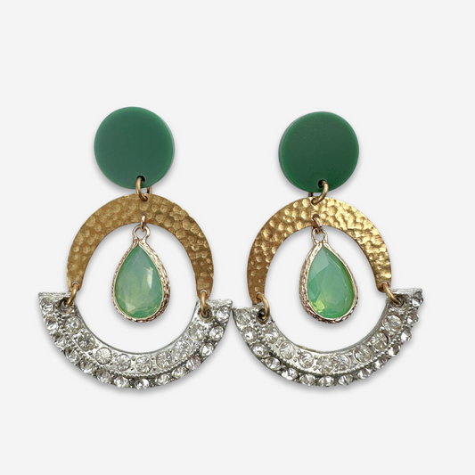 Large Refashioned sea green and clear rhinestone brass arc earrings