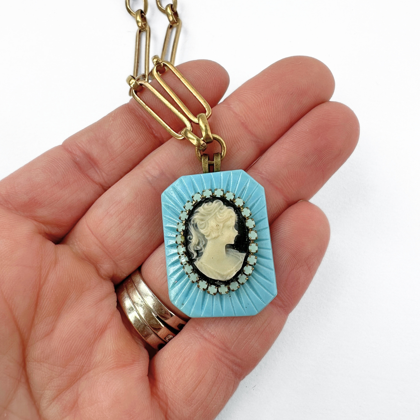 Turquoise glass and black refashioned vintage cameo pendant necklace