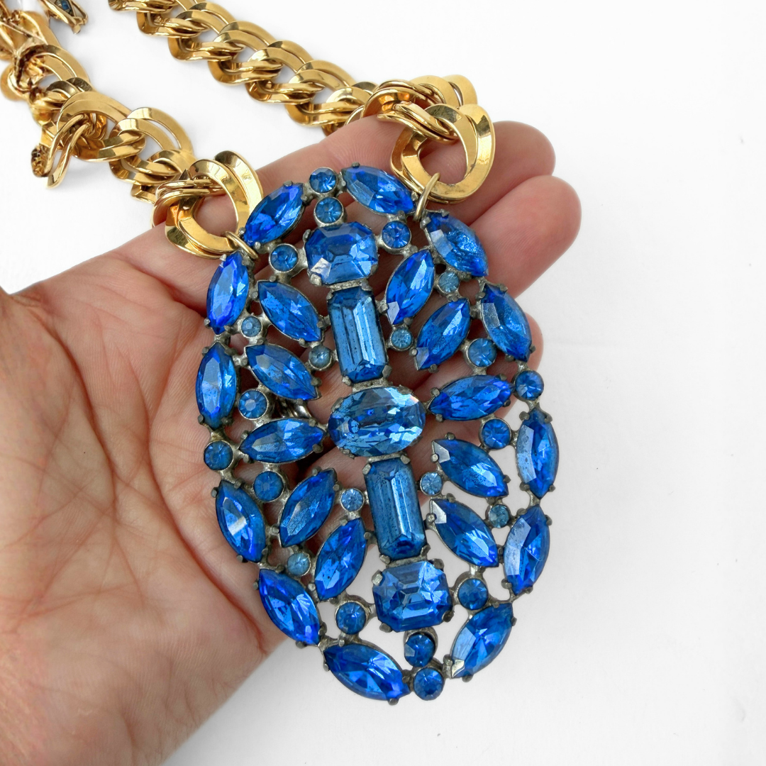 Refashioned Vintage XL coblat blue rhinestone oval pendant on gold chain
