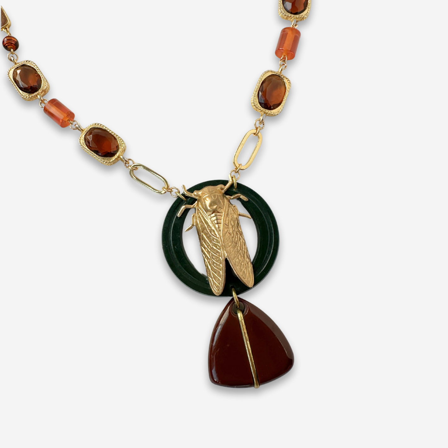 Repurposed Vintage brass Cicada assemblage necklace with bakelite drop