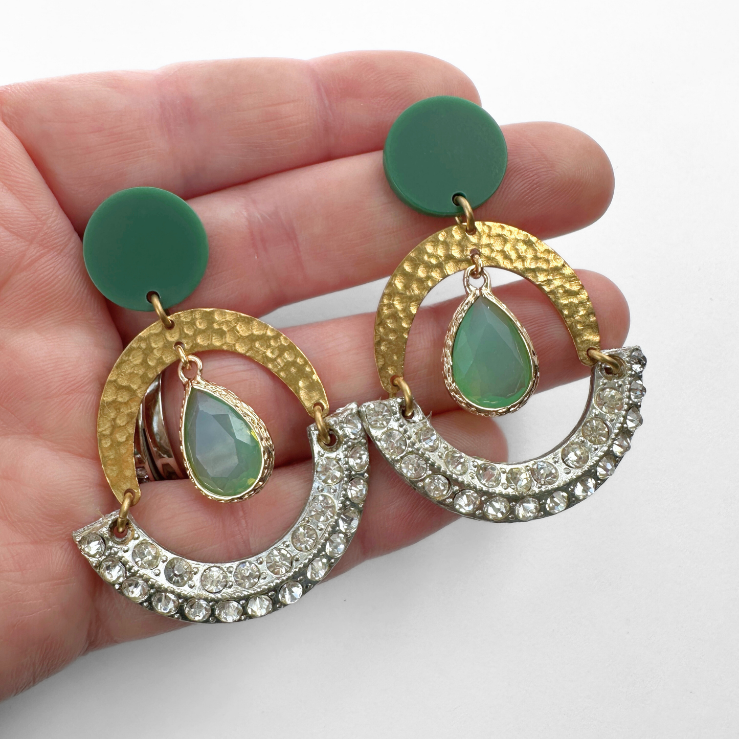 Large Refashioned sea green and clear rhinestone brass arc earrings