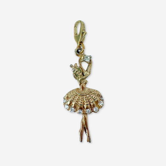 Vintage muted gold ballerina charm with clear rhinestones