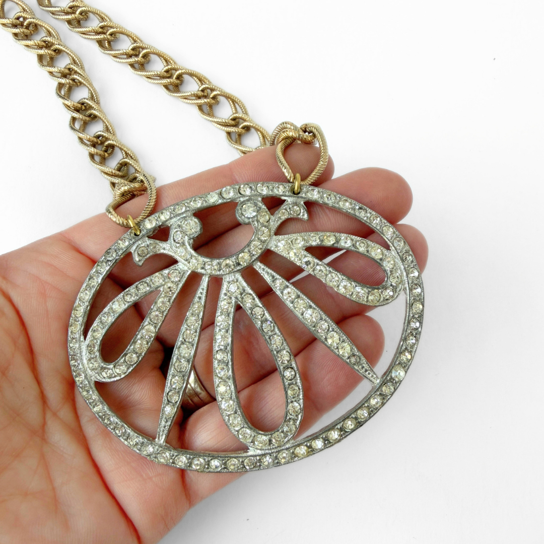 Refashioned Vintage XL clear rhinestone oval pendant on muted gold chain