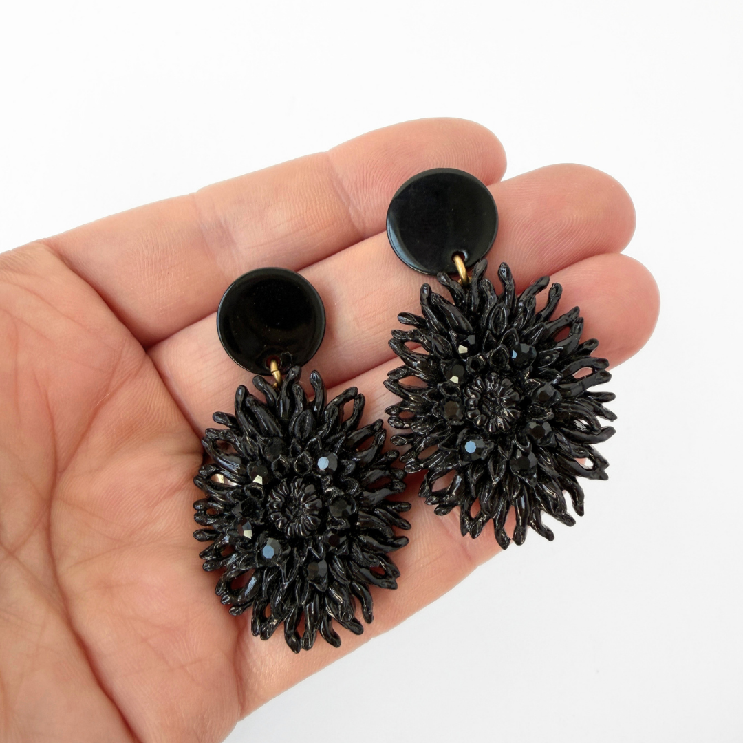 Large refashioned vintage black molded plastic floral earrings