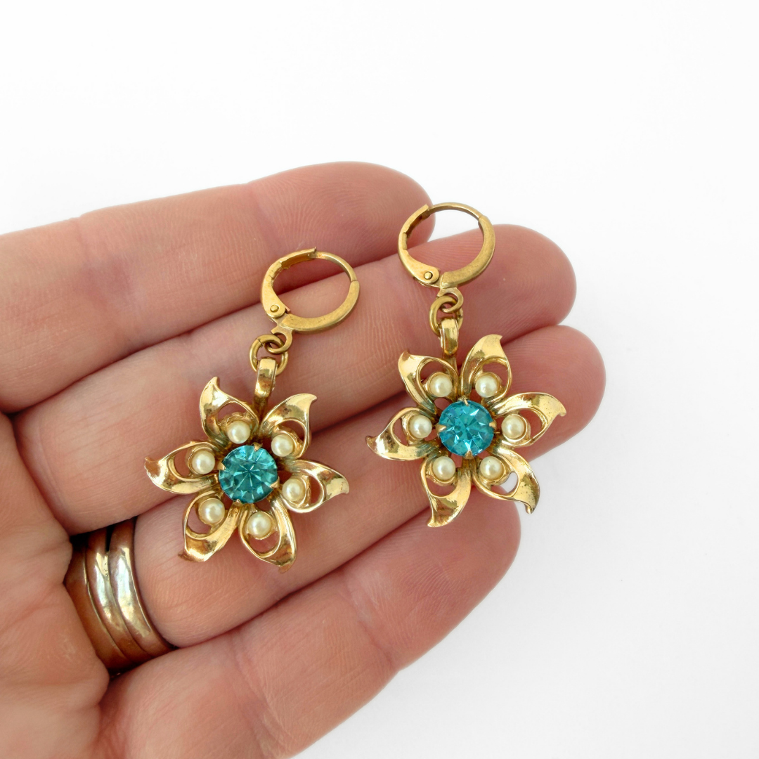 Vintage gold plated, aqua rhinestone and pearl flower earrings
