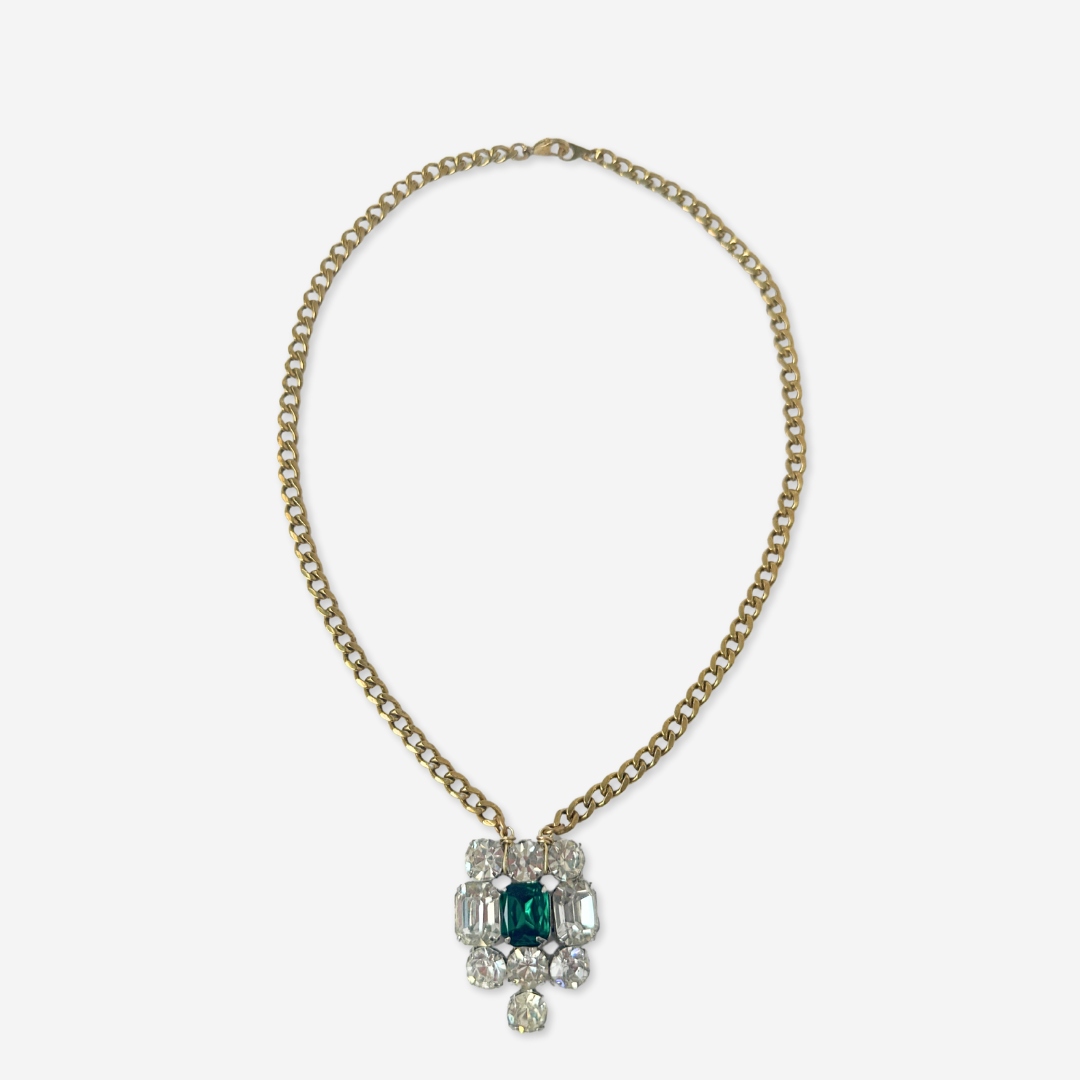 Vintage clear and emerald large rhinestone pendant with brass chain