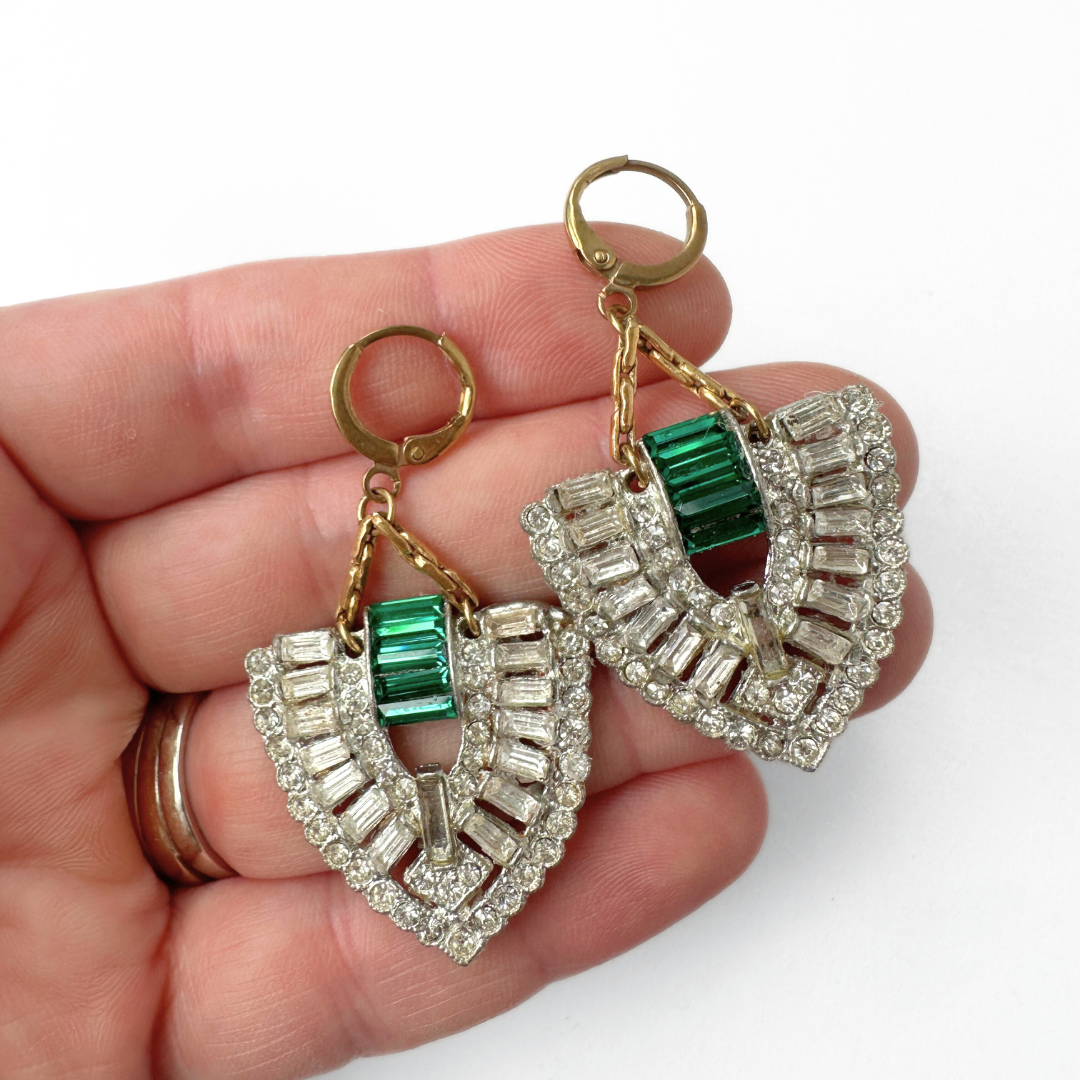 Vintage large Art Deco clear and emerald rhinestone earrings