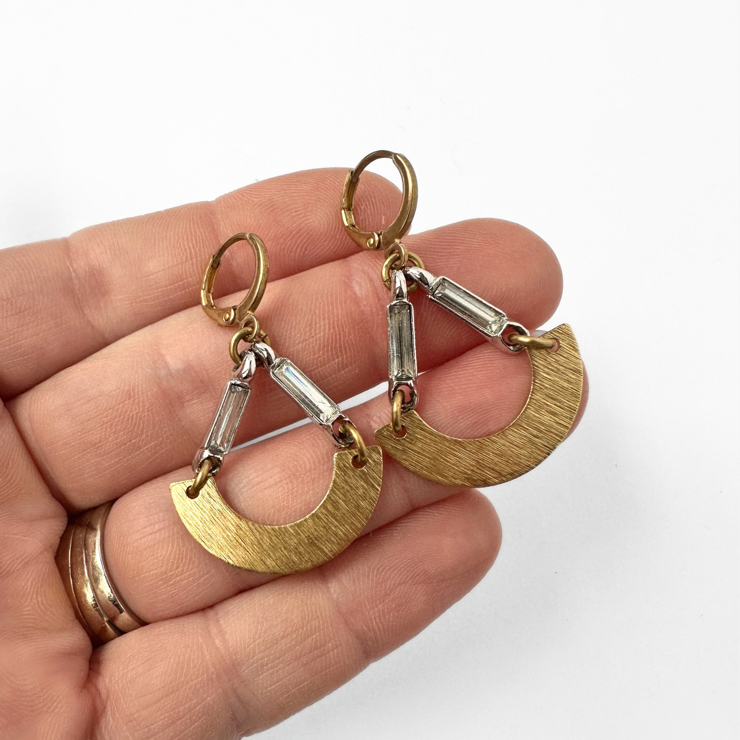 Brass arch earrings with vintage clear rhinestone links
