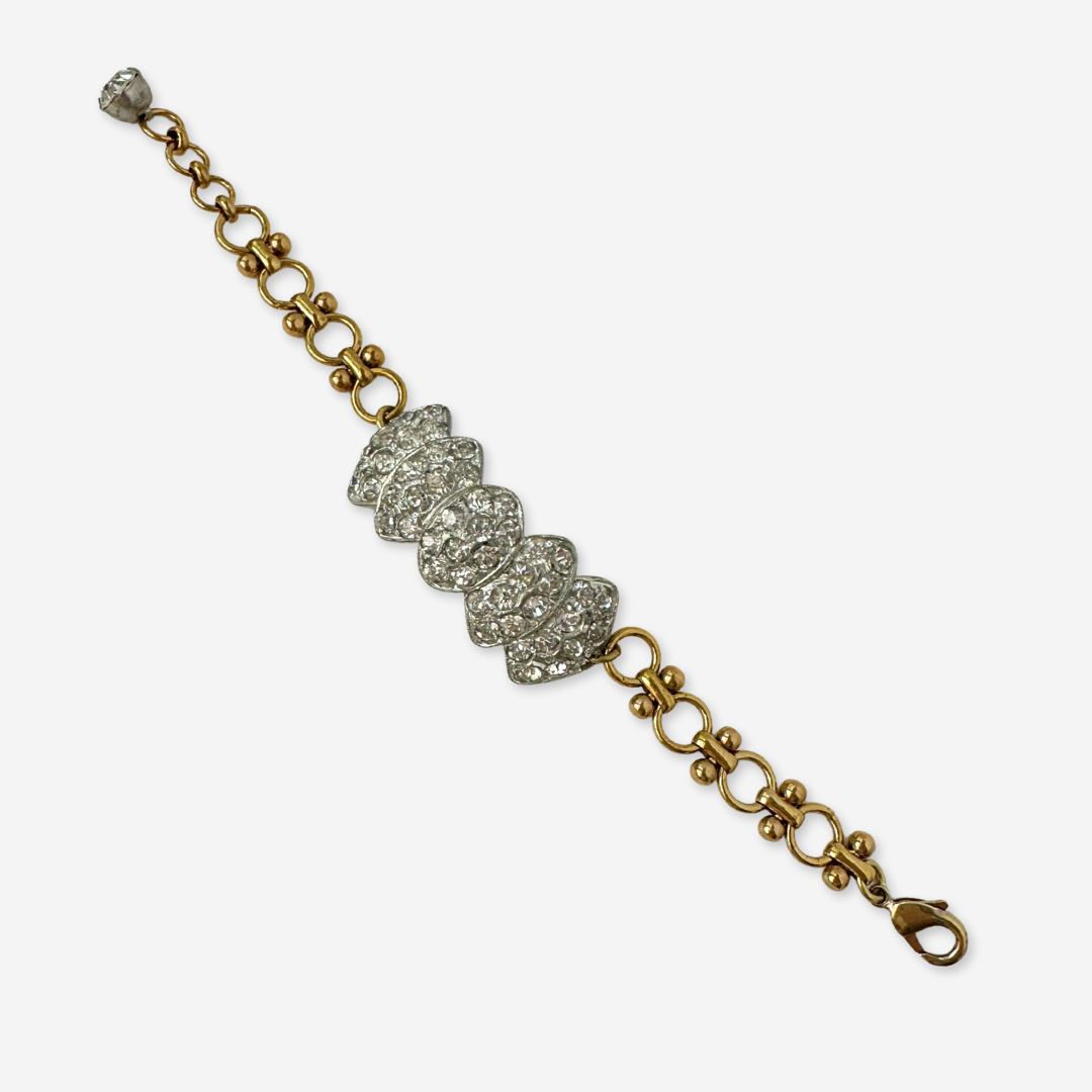 Refashioned vintage clear rhinestone bow bracelet with brass chain