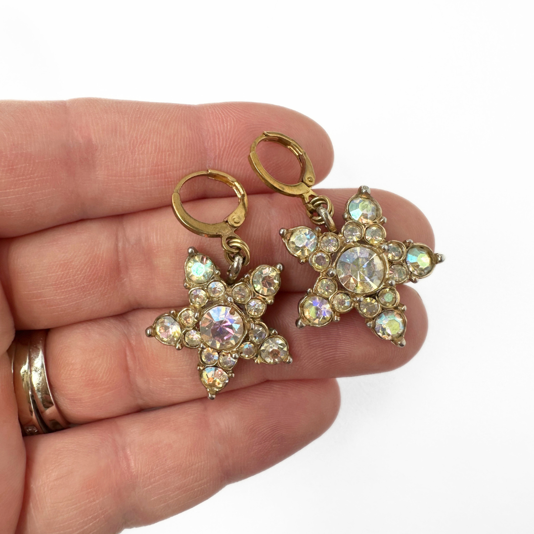 Refashioned vintage gold tone iridescent rhinestone star earrings