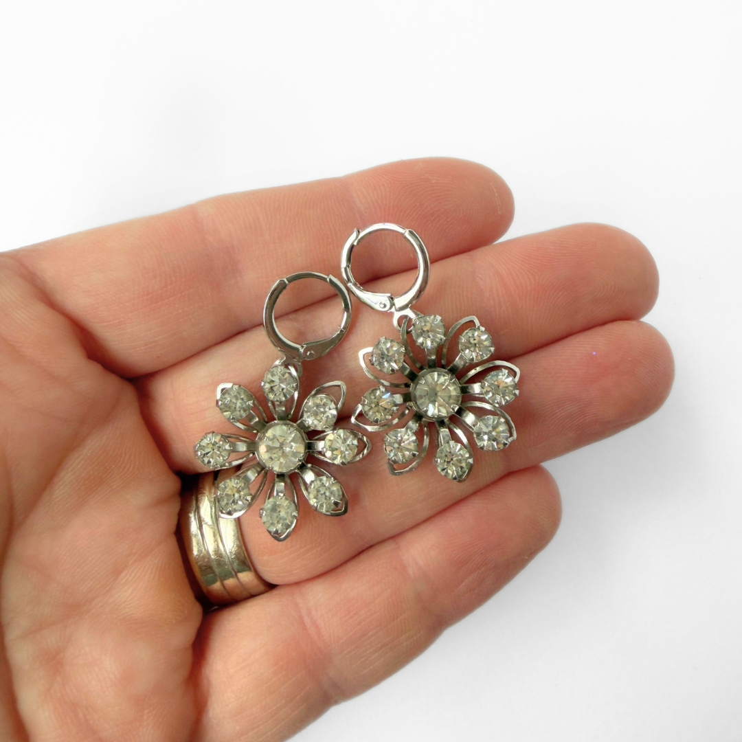 Refashioned vintage clear rhinestone flower drop earring