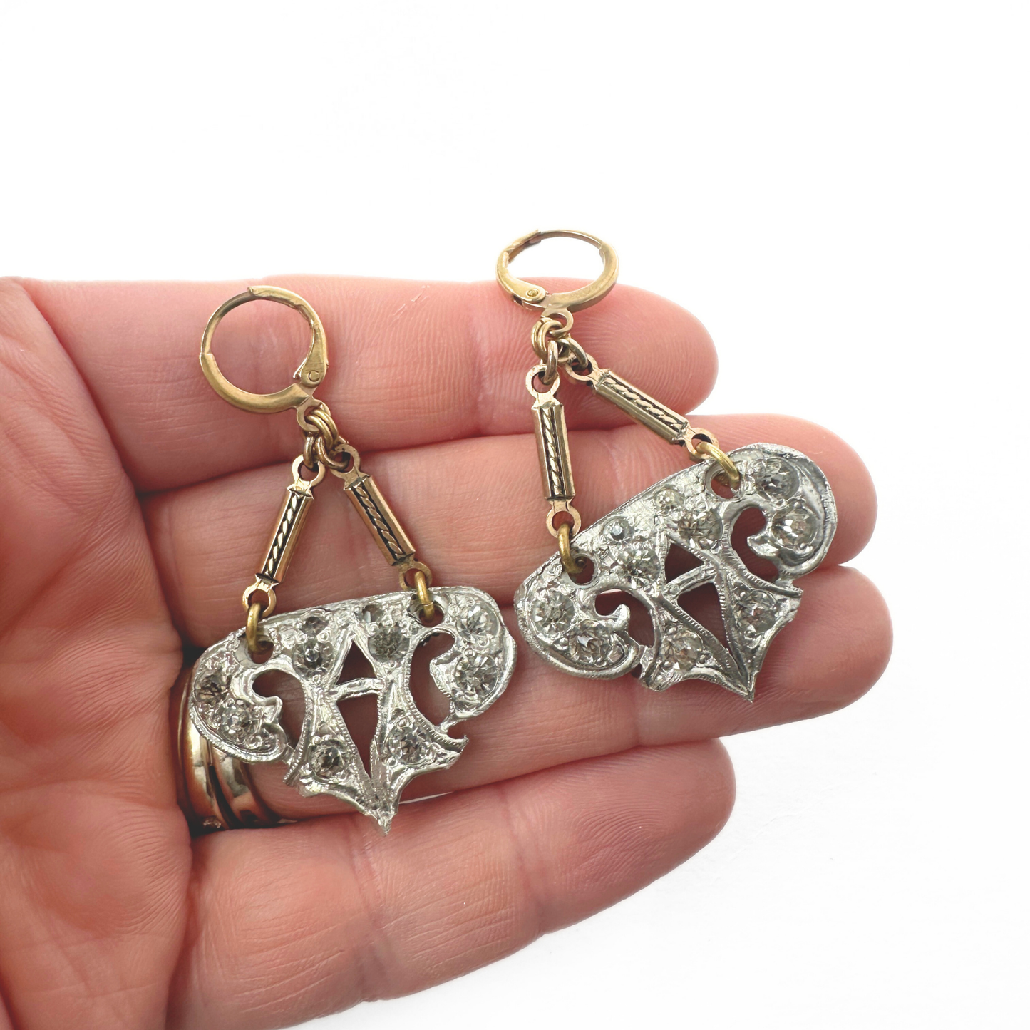 Vintage silver and clear rhinestone art deco earrings with gold bar links