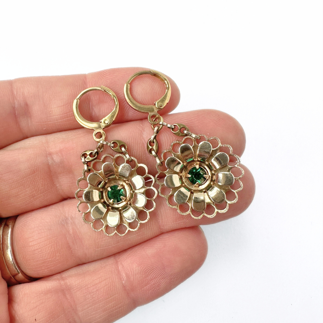Refashioned vintage gold plated flower earrings with green rhinestone centers