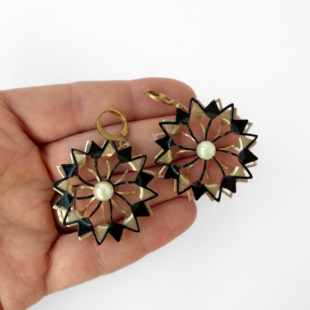 Vintage large gold and black enamel flower earrings