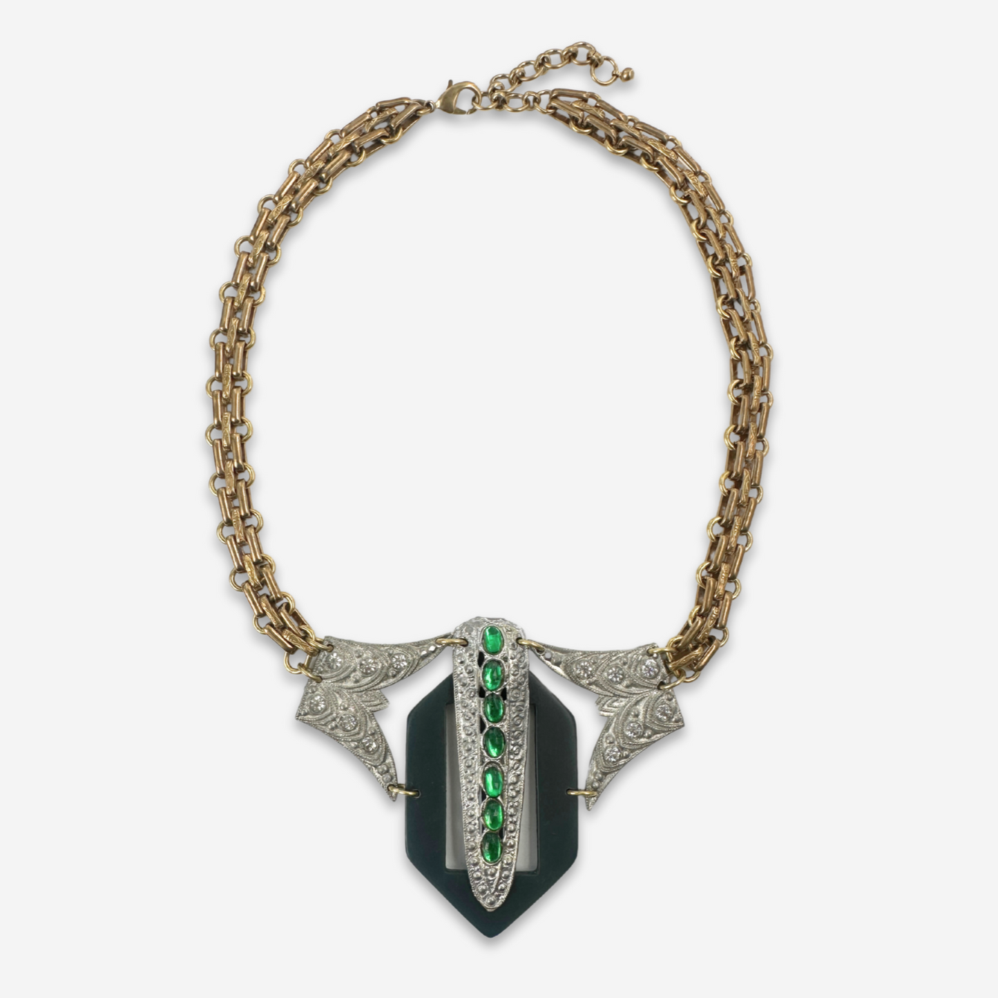 Refashioned vintage clear and green rhinestone assemblage statement necklace