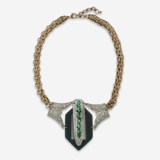 Refashioned vintage clear and green rhinestone assemblage statement necklace