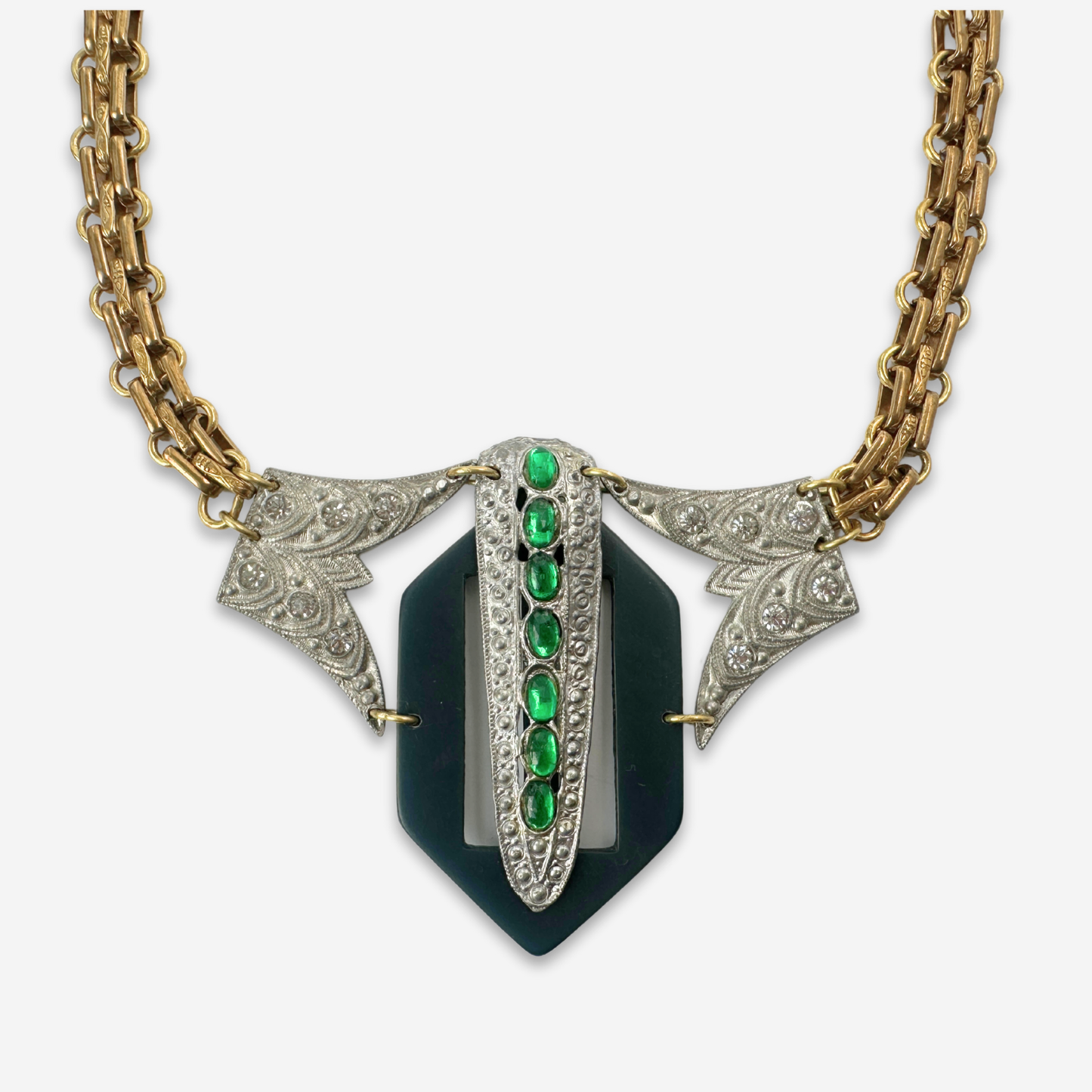 Refashioned vintage clear and green rhinestone assemblage statement necklace