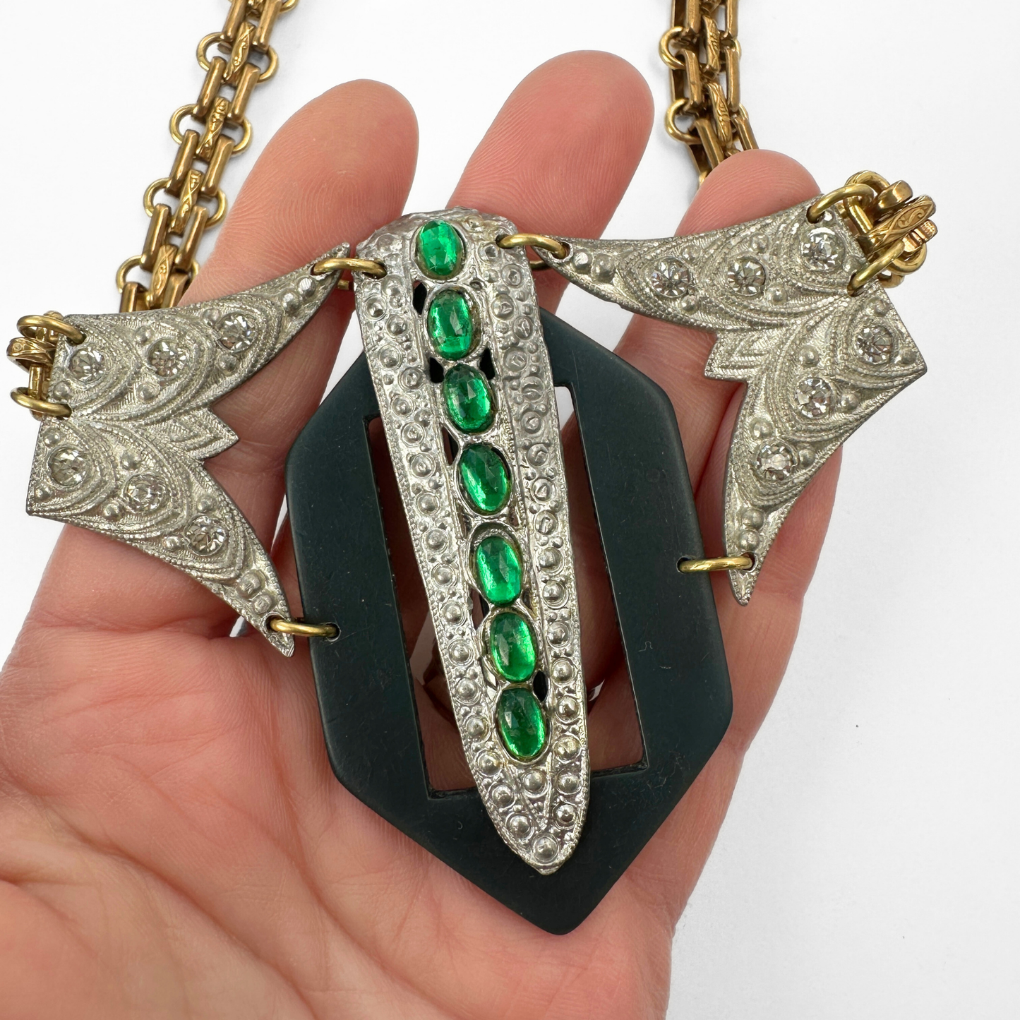 Refashioned vintage clear and green rhinestone assemblage statement necklace