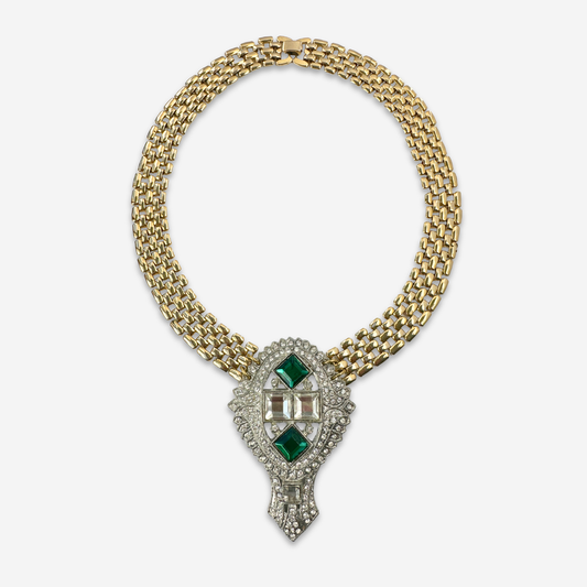 Refashioned Vintage Large Art Deco clear and emerald rhinestone pendant with gold chain