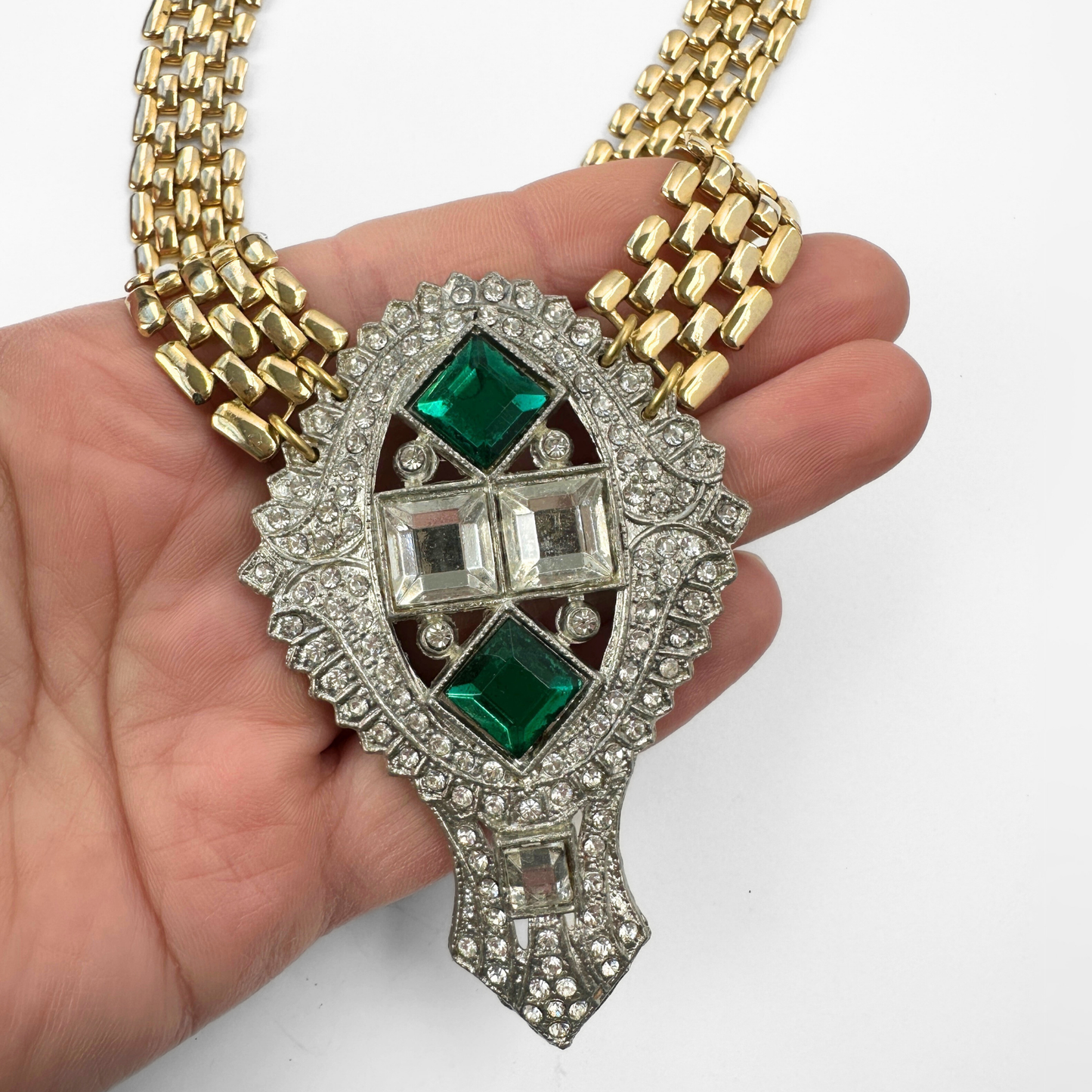 Refashioned Vintage Large Art Deco clear and emerald rhinestone pendant with gold chain