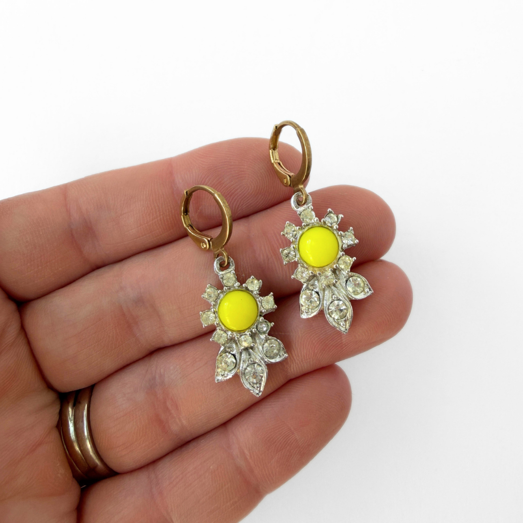 Refashioned vintage clear rhinestone and neon yellow earrings