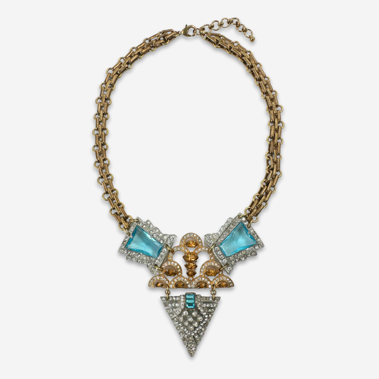 Refashioned vintage aqua blue and topaz rhinestone assemblage statement necklace