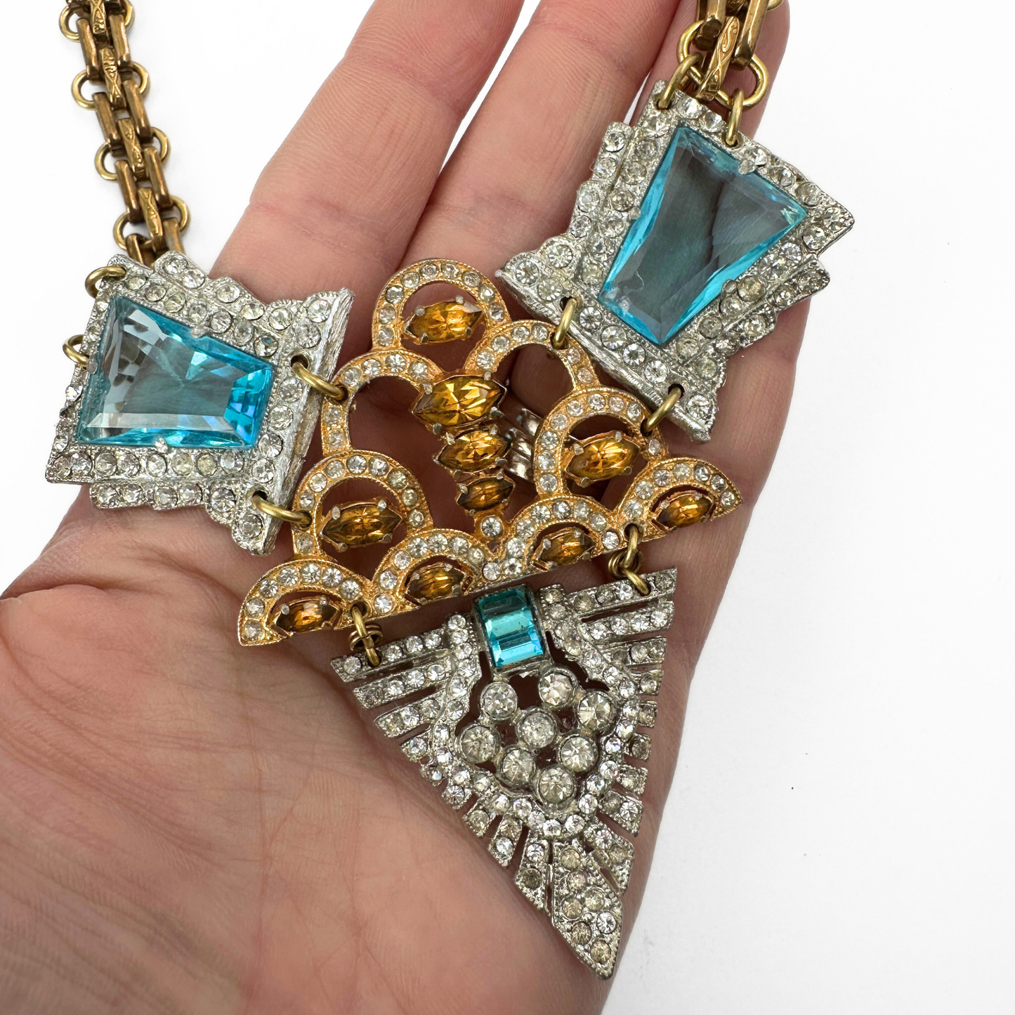 Refashioned vintage aqua blue and topaz rhinestone assemblage statement necklace