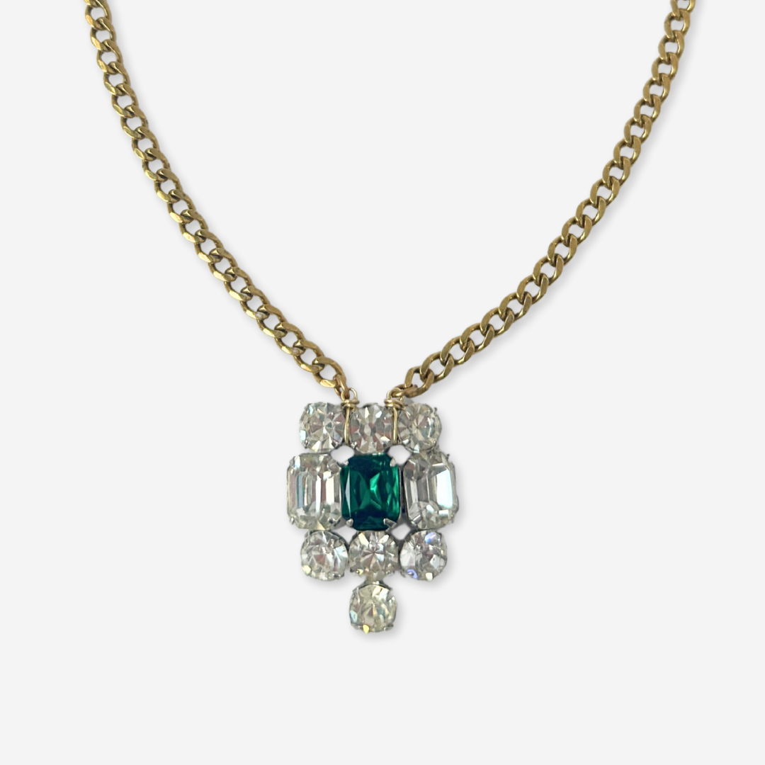 Vintage clear and emerald large rhinestone pendant with brass chain