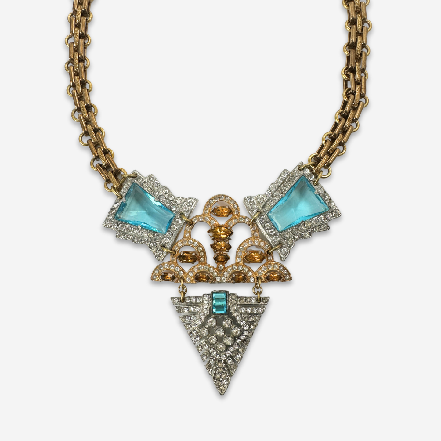 Refashioned vintage aqua blue and topaz rhinestone assemblage statement necklace