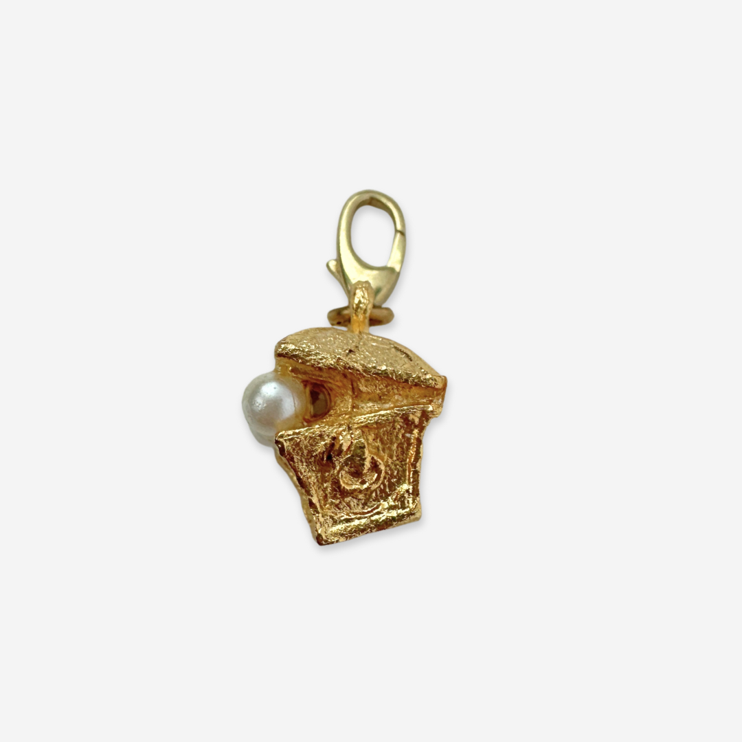 Vintage gold treasure chest charm with pearl accents