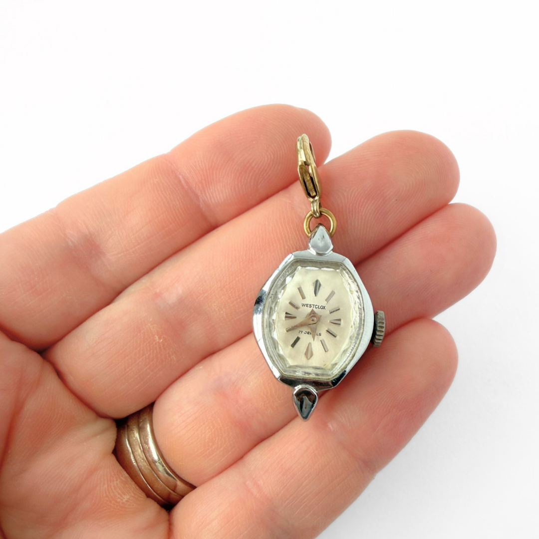 Vintage silver tone "Westclox" watch face charm
