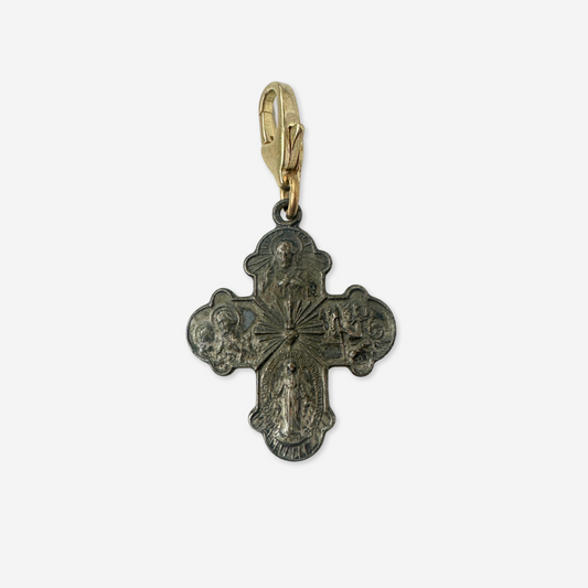 Vintage aged brass four-way scapular cross charm pendant