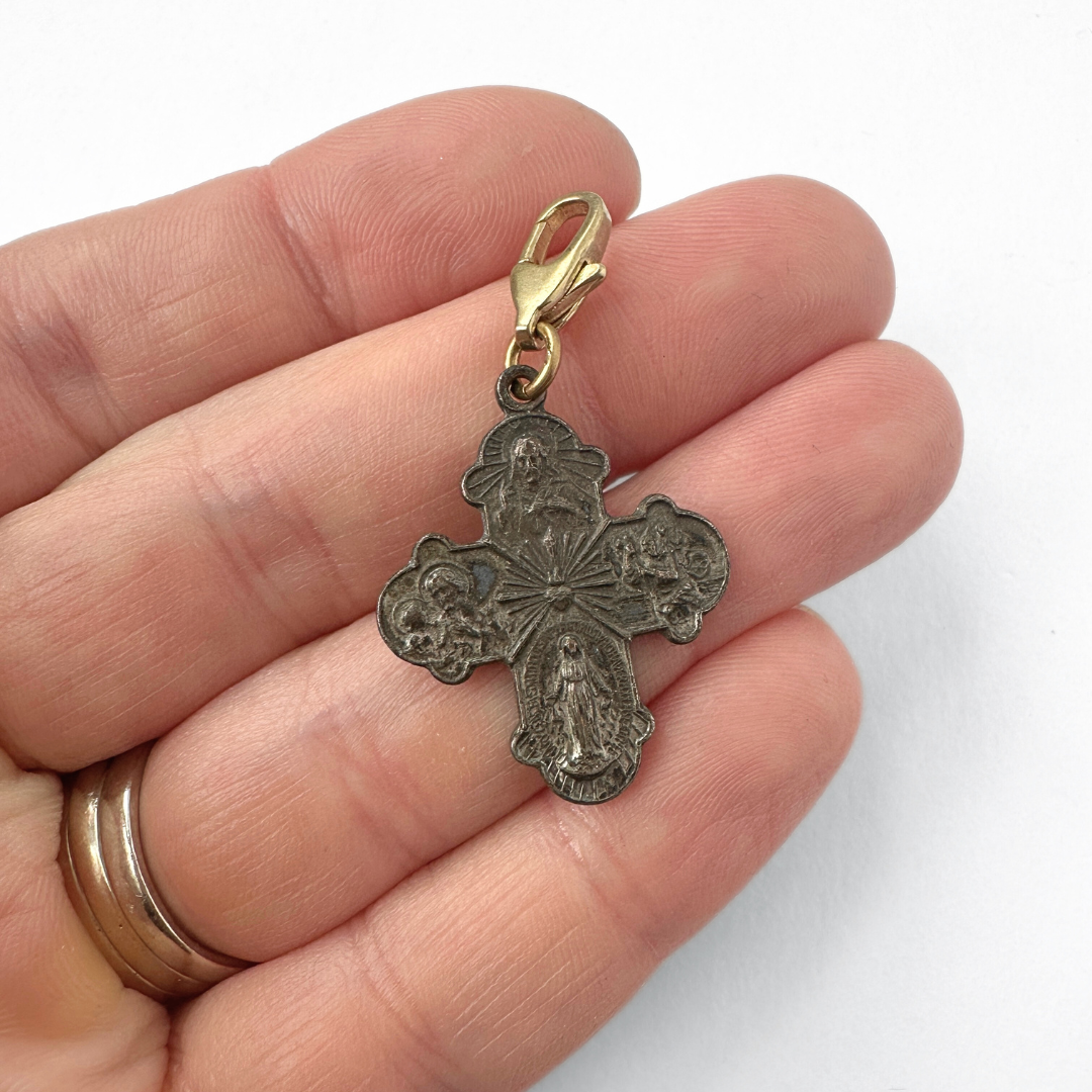 Vintage aged brass four-way scapular cross charm pendant
