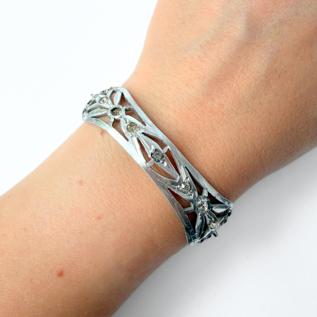 Repurposed vintage art deco silver clear rhinestone bracelet