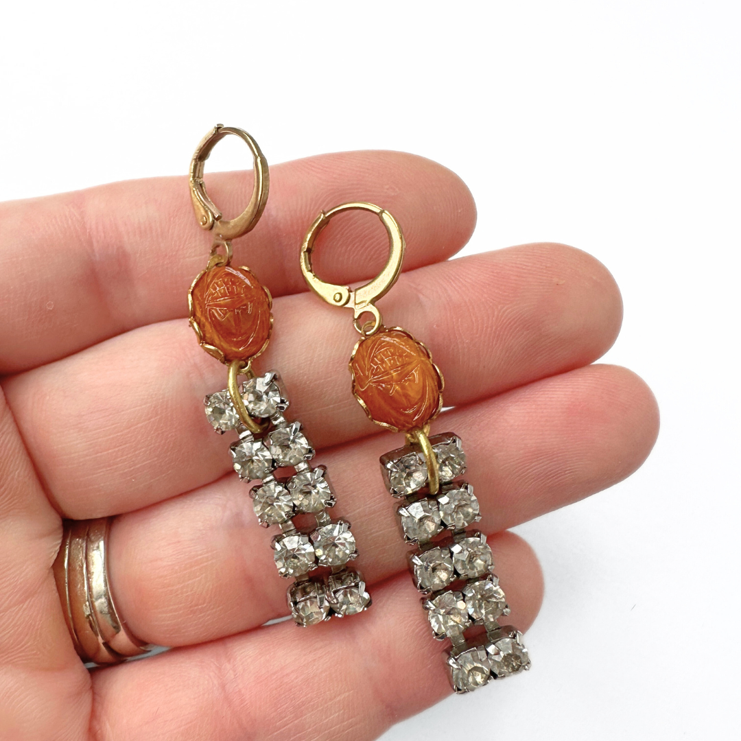 Small amber oval scarab and vintage rhinestone dangly earrings