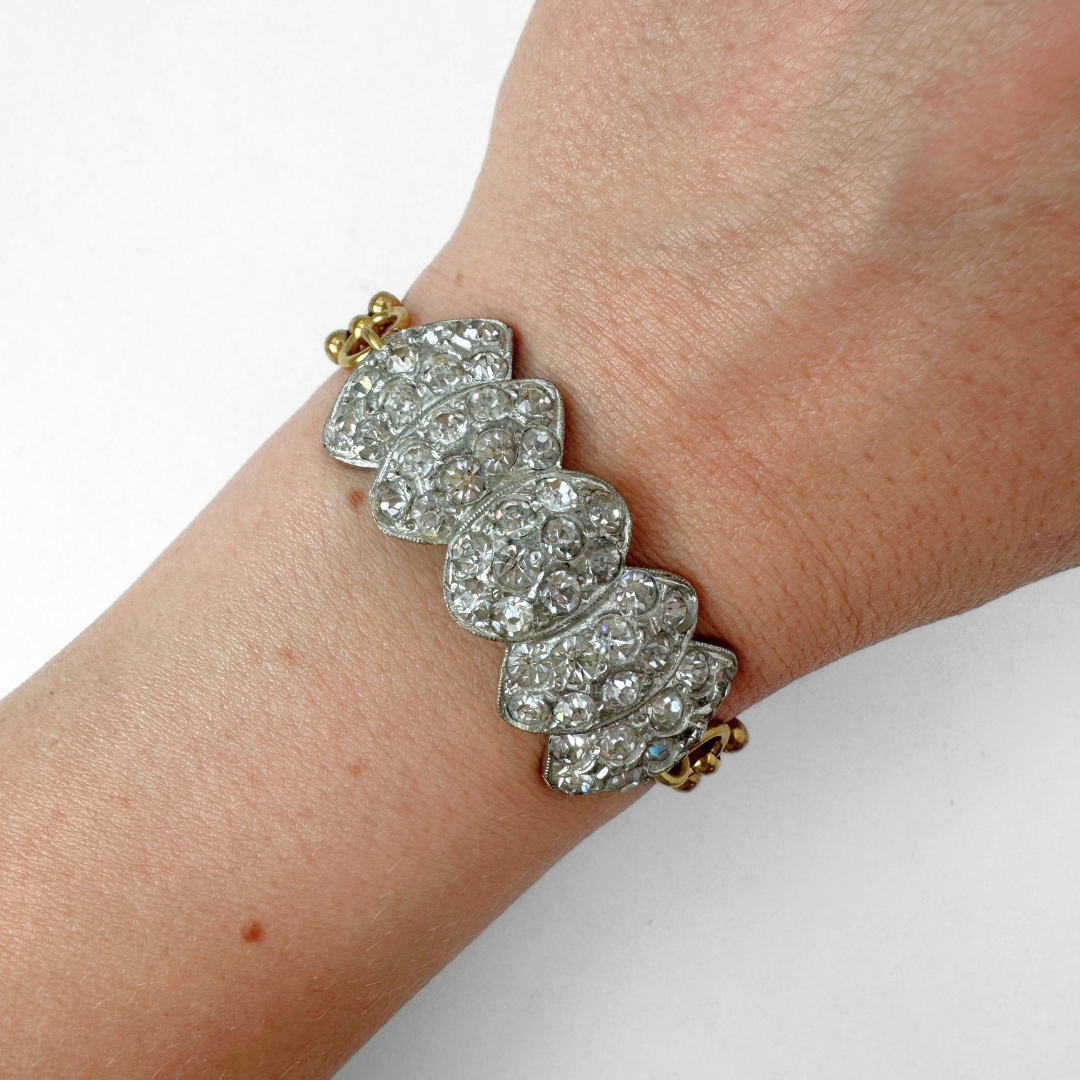 Refashioned vintage clear rhinestone bow bracelet with brass chain