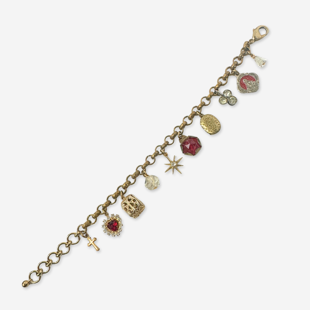 Repurposed vintage red and brass mixed charm bracelet