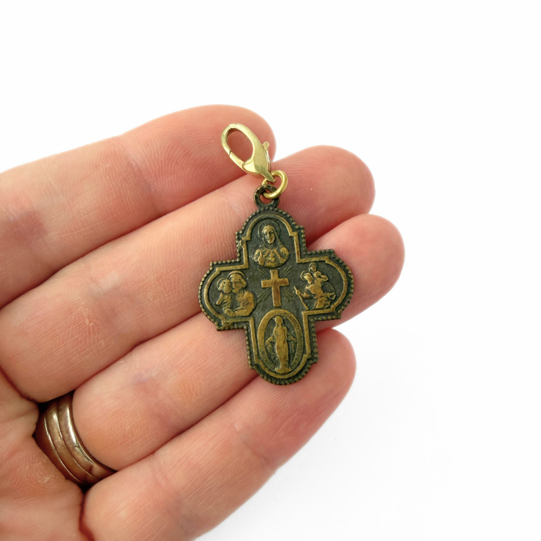 Vintage aged brass four-way scapular cross charm pendant