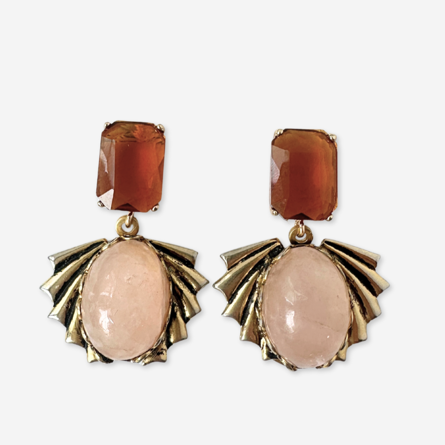 Refashioned vintage rose quartz fan earrings