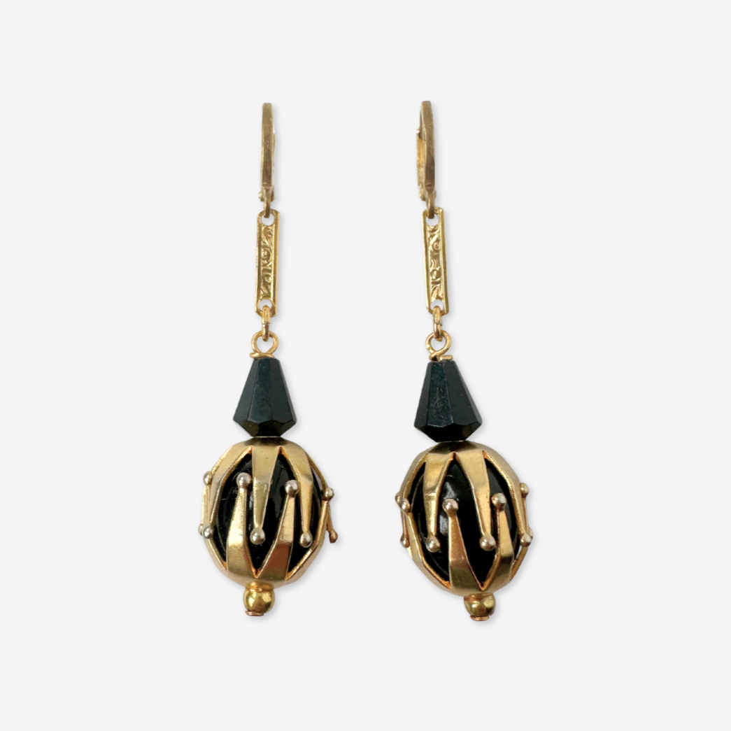 Refashioned vintage black and gold beaded drop earrings