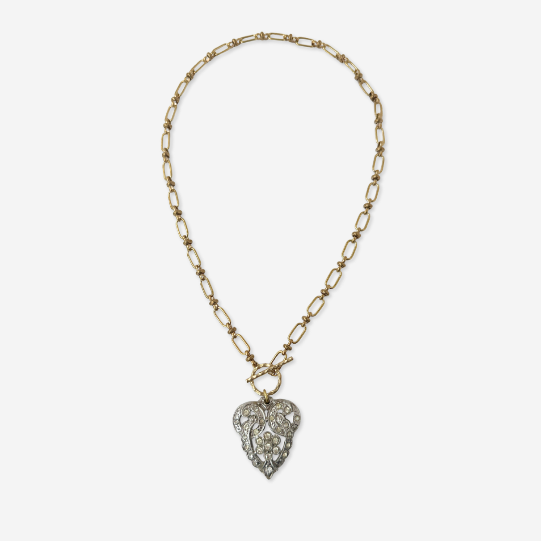 Vintage art deco rhinestone pendant with brass chain and toggle clasp
