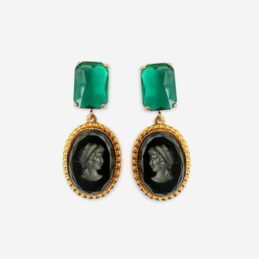 Black, gold, and green refashioned vintage cameo statement earrings