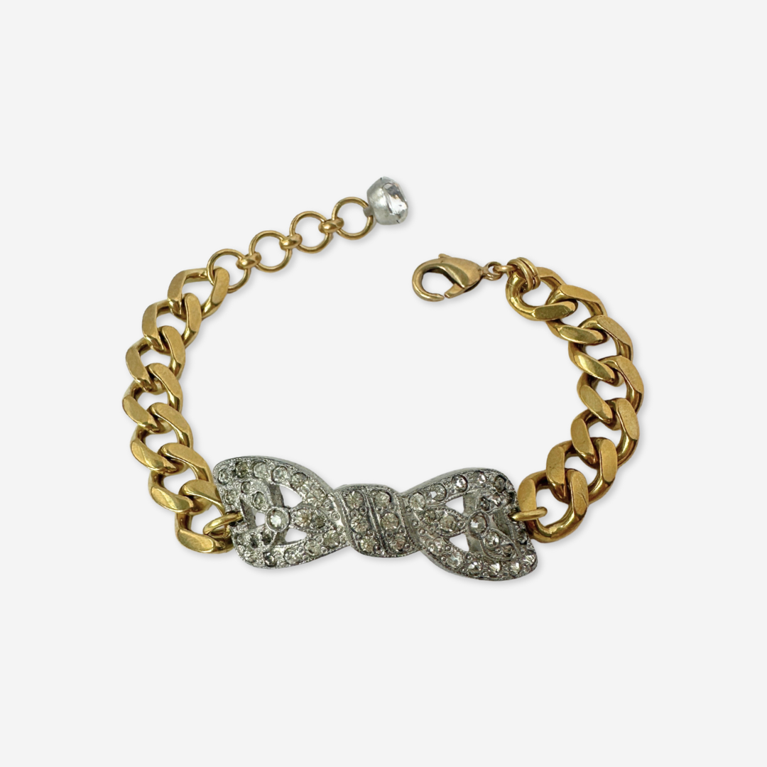 Refashioned vintage clear rhinestone bow bracelet with brass chain