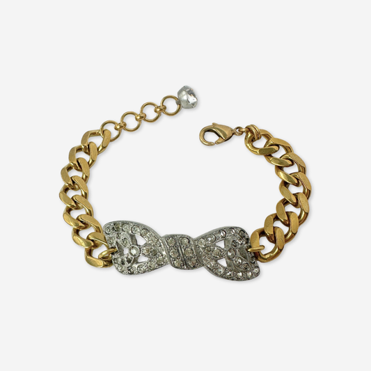 Refashioned vintage clear rhinestone bow bracelet with brass chain