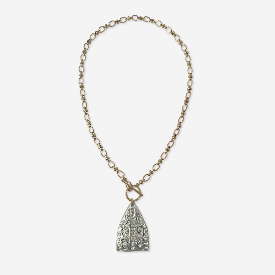 Vintage art deco rhinestone pendant with brass chain and toggle clasp