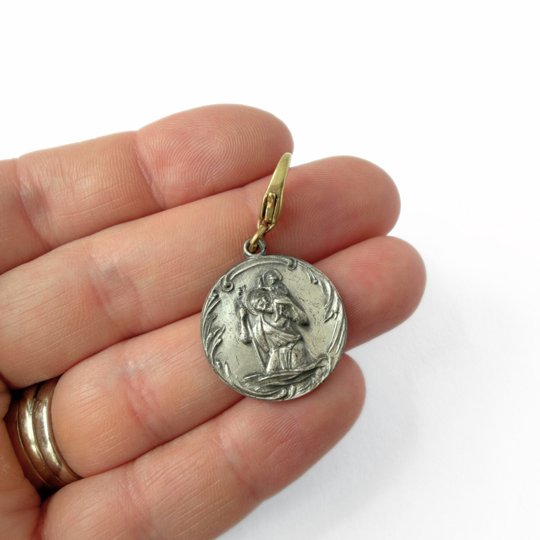 Vintage aged silver Saint Christopher circular charm pendant