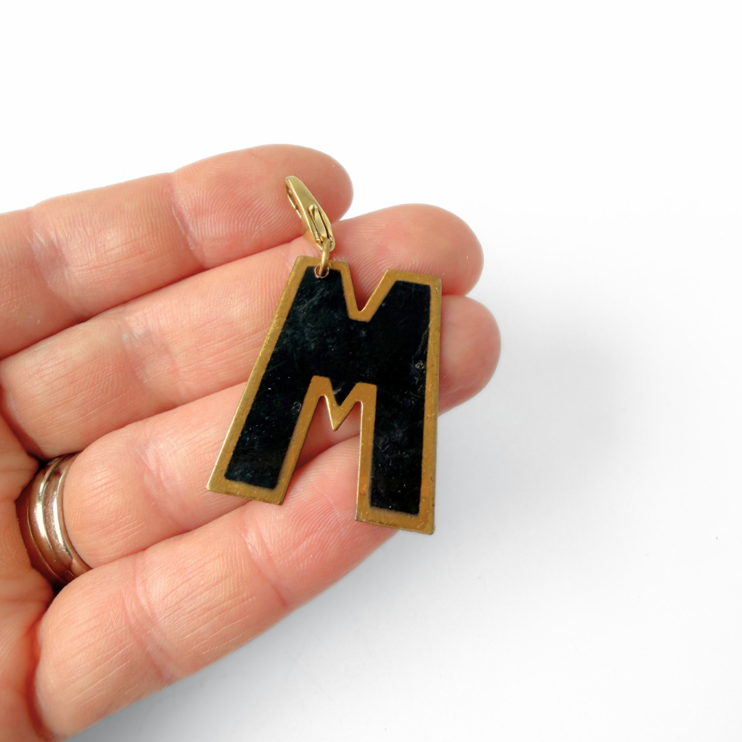 Larhe vintage black enamel "M" monogram charm