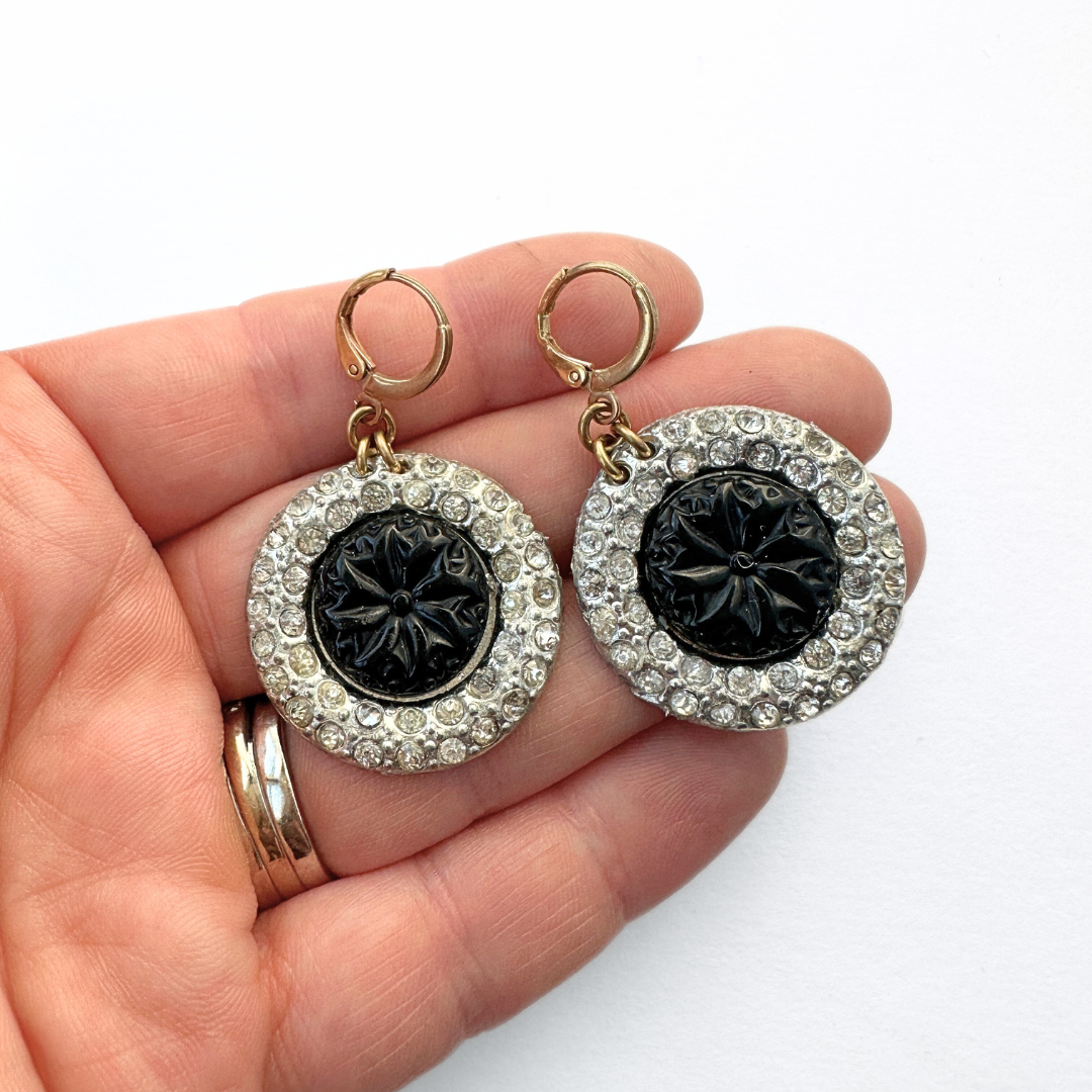 Refashioned vintage clear rhinestone and black large circular earrings