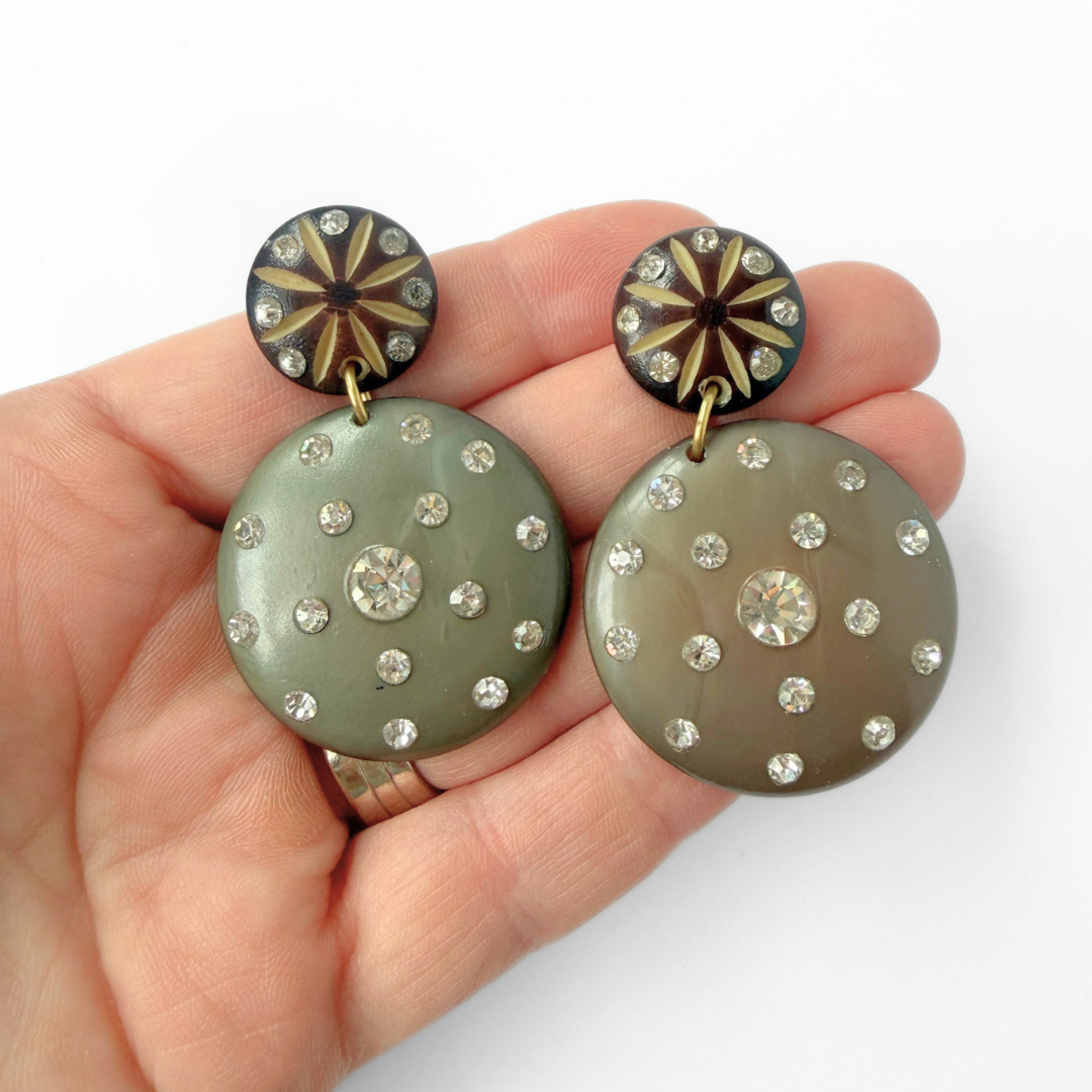 Refashioned vintage brown and rhinestone large circular statement earrings